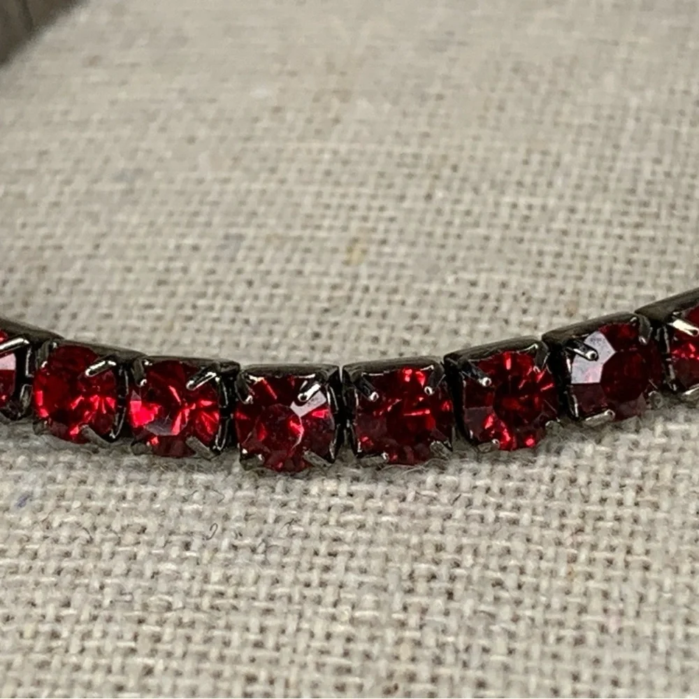Vintage Silver Red Stretch Tennis Bracelet Formal Glam Goth Ruby Crystal